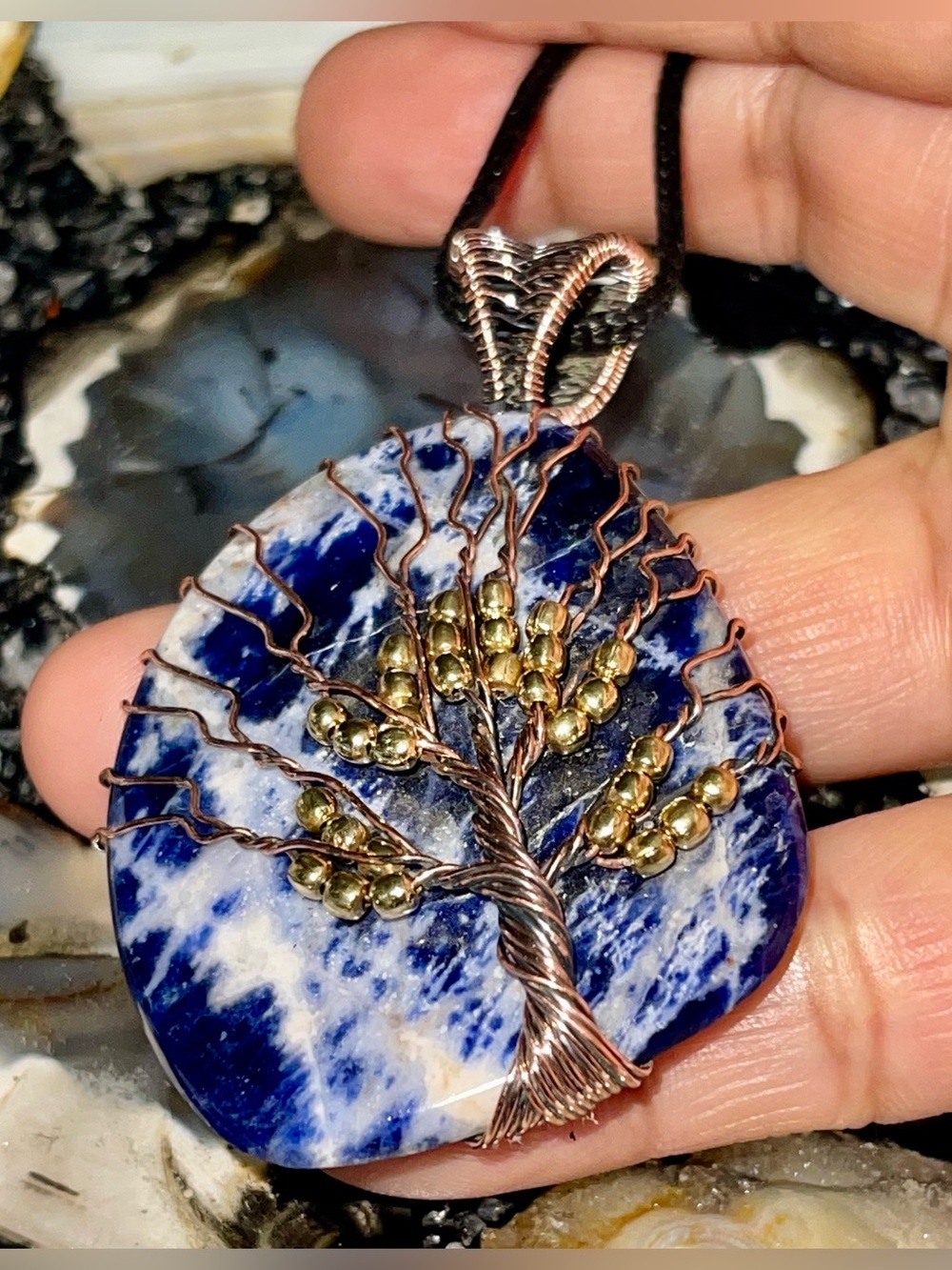 Large Copper Wire-wrapped Navy Sodalite Crystal Pendant 2 1/2”